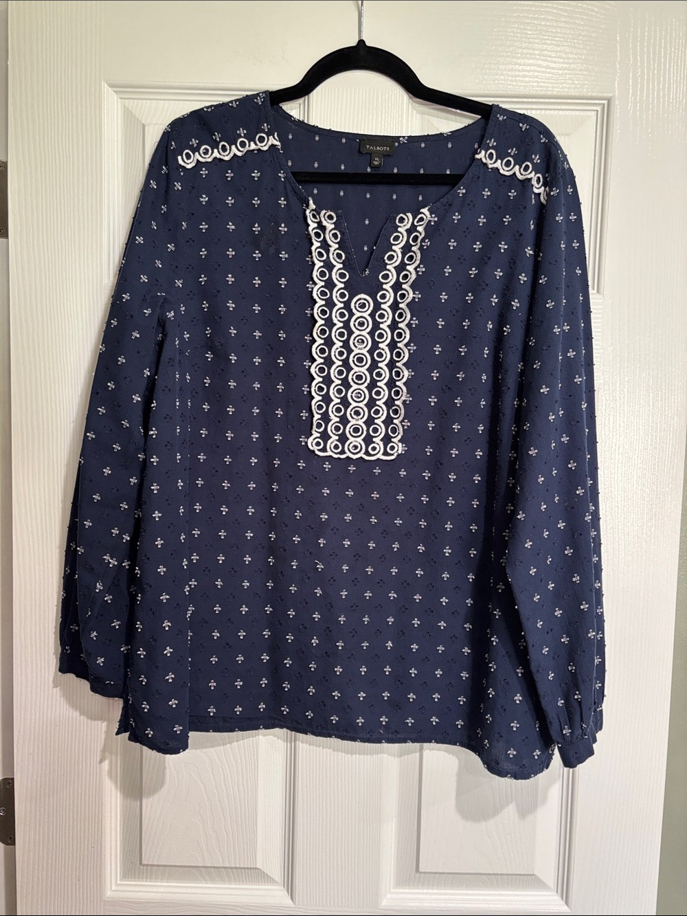 3/$20. Talbots Navy Tunic Top with White Embroidery